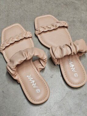Nude Braided Strap Flat Sandals With Padded Scrunch Detail & Square Toe Design